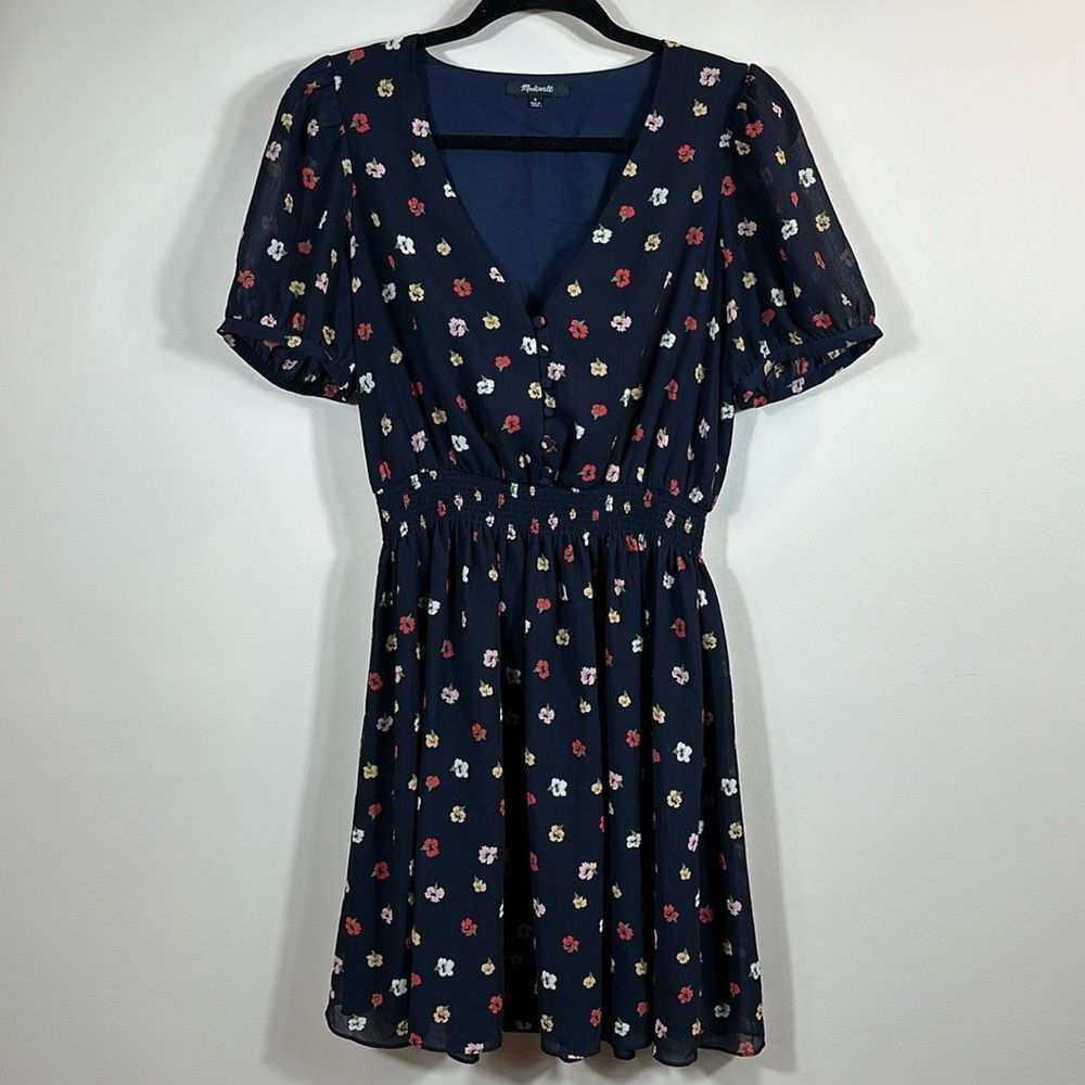 Madewell Floral Blue Spring Lined Ruched Waist Above Knee Women Dress Size Small